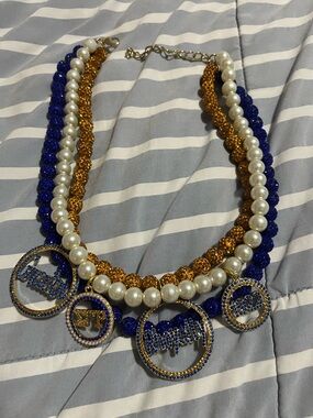Sigma Gamma Rho Pearl and Beaded Statement Necklace in Blue and Gold